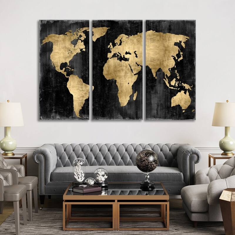 iCanvas "The World - Gold On Black" by Russell Brennan 3-Piece Canvas Wall Art Set