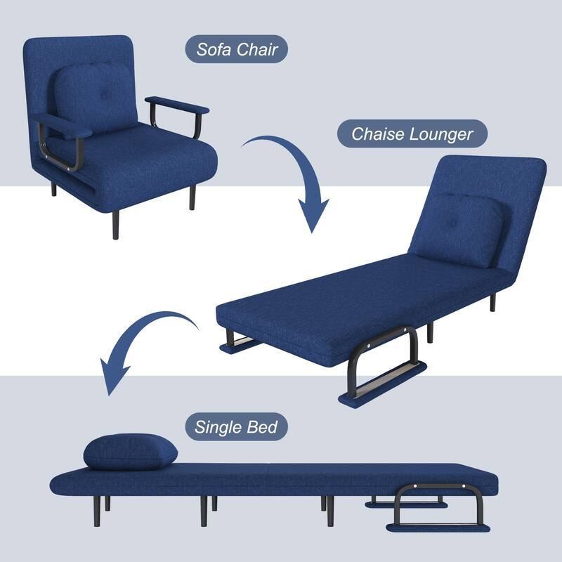 Roomfitters 3-in-1 Convertible Chair Folding Sofa Bed, 5-Position Adjustable Backrest Sleeper Chair with Pillow, Blue