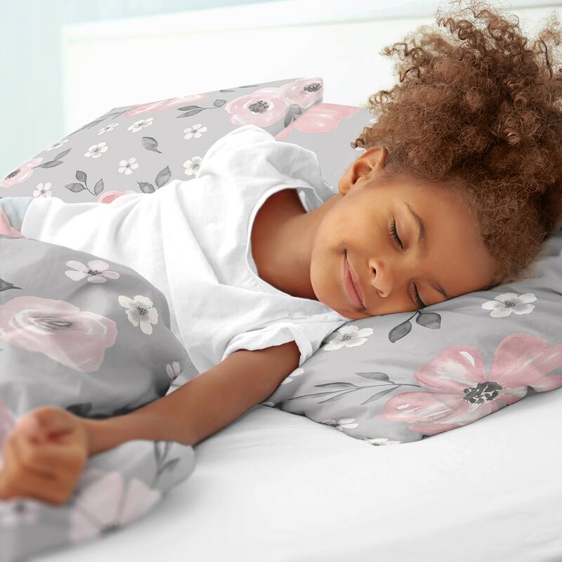 Grey Watercolor Floral Girl 2pc Twin-size Comforter Set - Blush Pink Gray White Shabby Chic Rose Flower Polka Dot Farmhouse