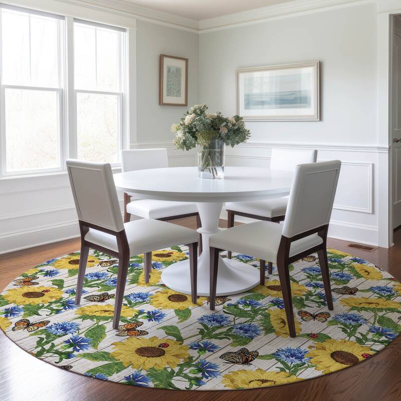 Premium Washable Super Soft Sunflower Butterfly Garden Mayfield Rug - Multi - 8' x 8' - Round
