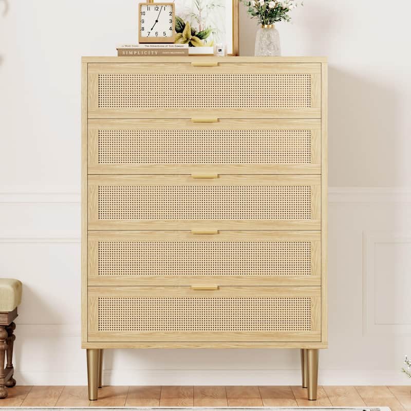 Rattan 5 Drawer Dresser, 44'' Tall Narrow Chest, Farmhouse Vertical Dresser with Metal Legs and Handles