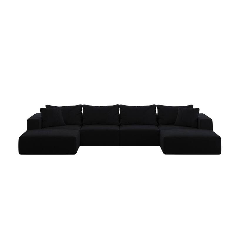Floor Upholstered Sectional Sofa Modular L Shaped Couch Set with 6 Pillows and Ottomans, Living Room Sleeper Sofa Bed