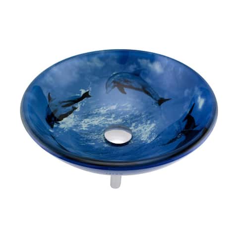 Blue Dolphin Glass Countertop Vessel Sink 16.5" Round Glass Bowl Heat Resistant with Drain Renovators Supply