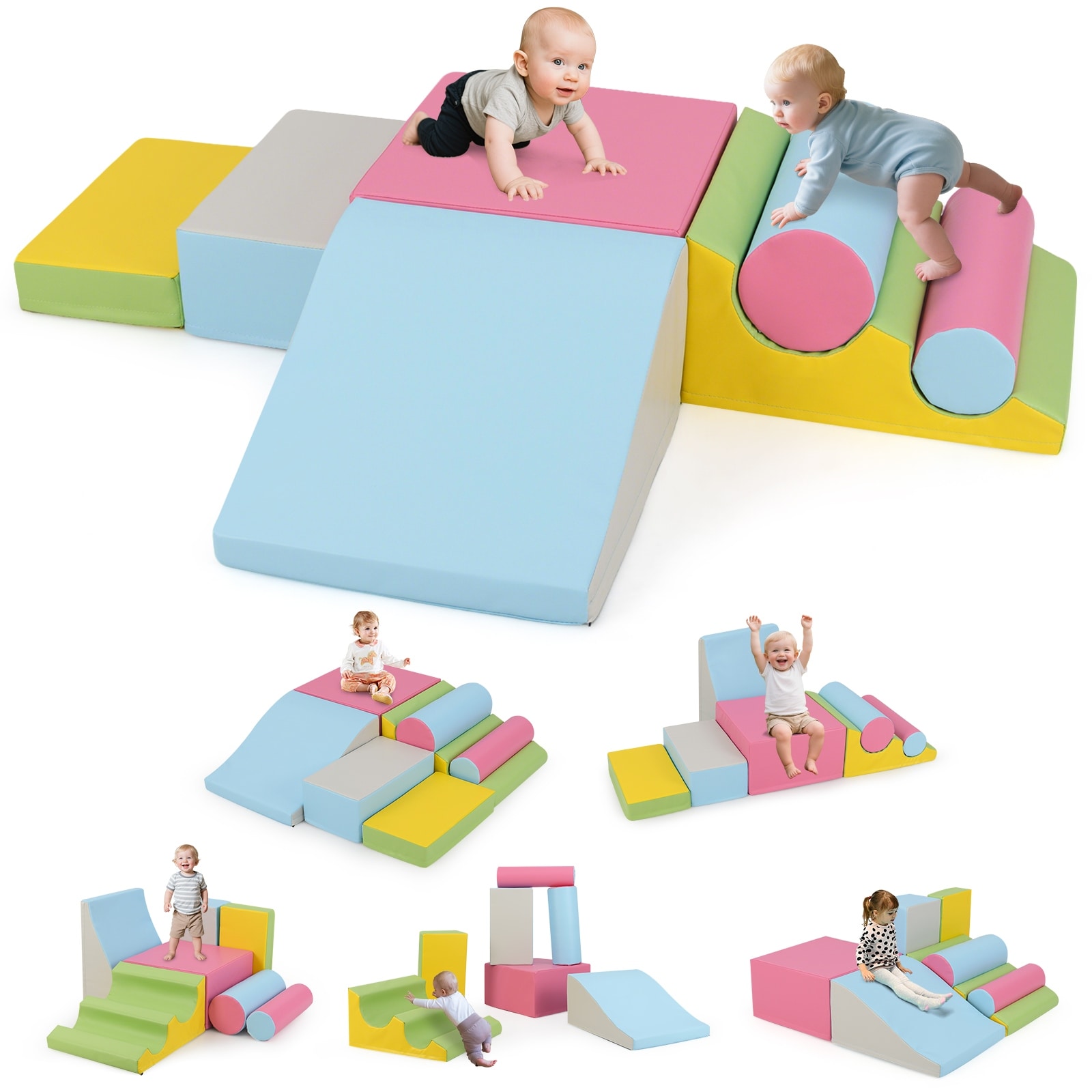 Gymax 7 Pcs Toddler Climbing Blocks w/Hook Loop Fasteners Waterproof - Multi