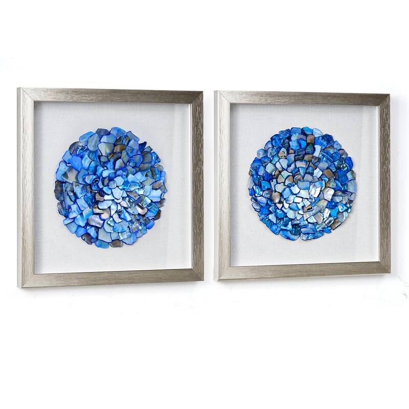 American Art Decor Blue Seashell Mosaic 3D Textured Wall Art with Champagne Frame, 2 Piece Set for Coastal Beach Theme Decor
