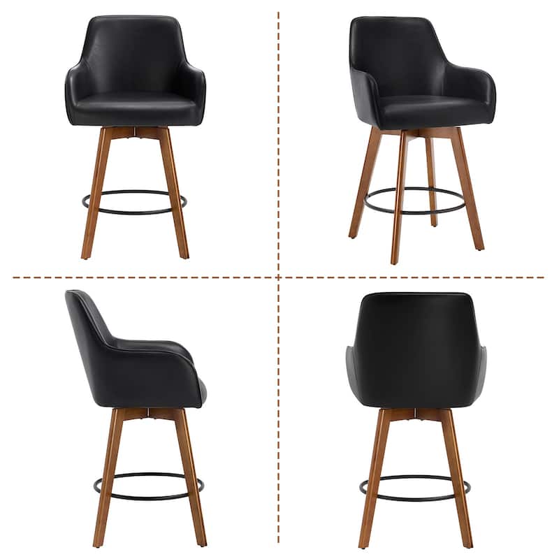 25 Inch Upholstered Swivel Counter Height Bar Stool with Armrests, Solid Wood Legs - 23.6"W x 22.4"D x 40.2"H