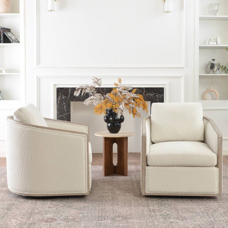 KINWELL 31"W Oak Frame Upholstered Swivel Barrel Armchair