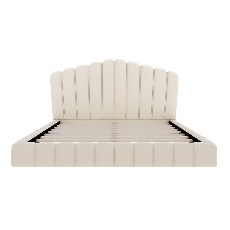 Velvet Upholstered Queen Bed Frame Shell-Shaped Headboard