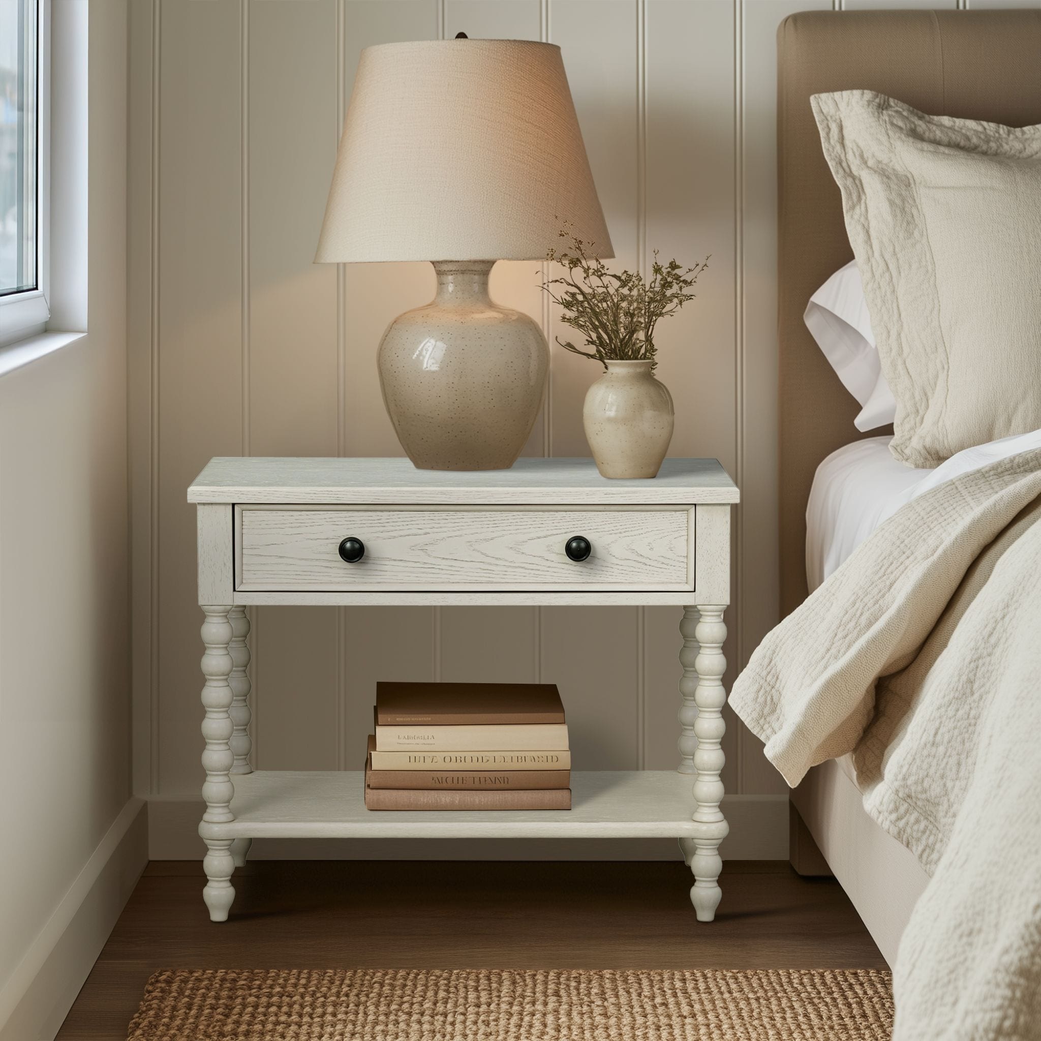 Large Nightstand with Drawer and Open Shelf Wide 32 Inch Bedside Table