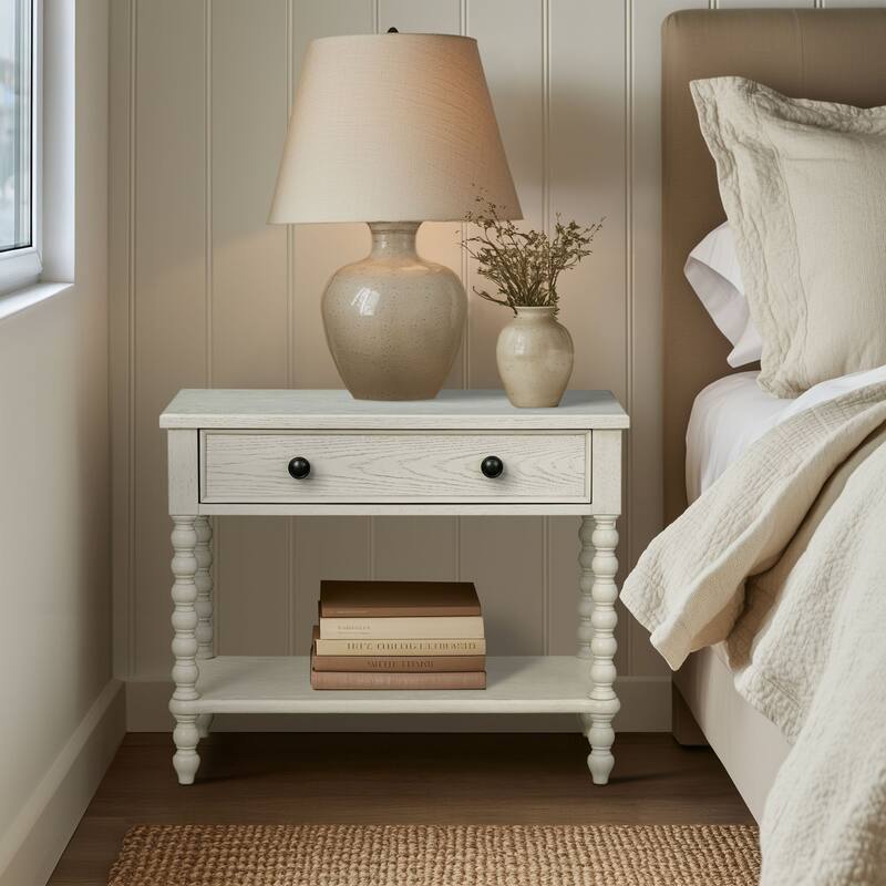 Large Nightstand with Drawer and Open Shelf Wide 32 Inch Bedside Table - Antique Cream