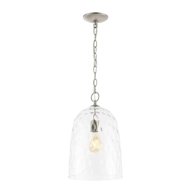 Plains 10" 1-Light Industrial Designer Iron/Dimple Glass Dome LED Pendant, Nickel/Clear by JONATHAN Y