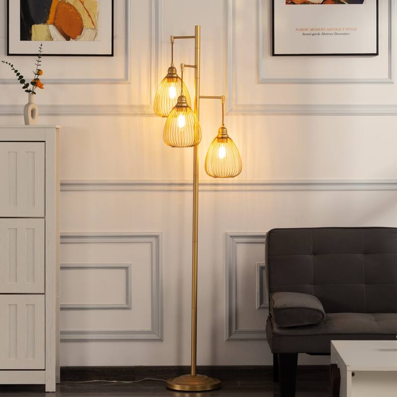 66.1" Tree Floor Lamp with 3 Cage Lampshades and Metal Pole - Gold