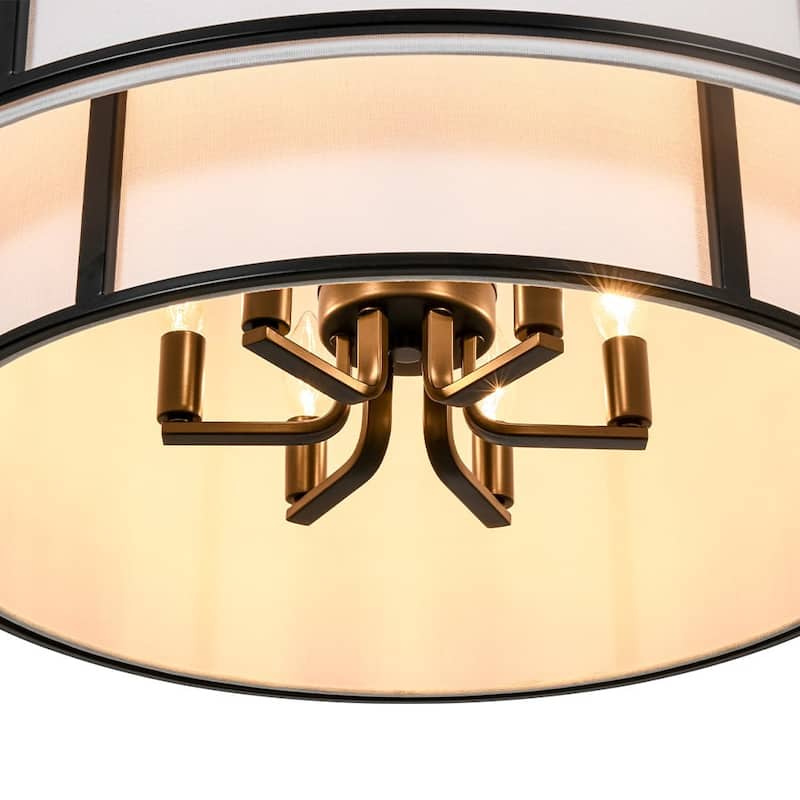 America Traditional 6-Light Two-layer Drum Fabric Pendant Chandelier - 28.1in