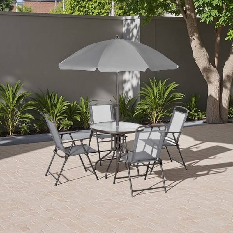 6-Piece Outdoor Dining Set with Folding Chairs, Round Tempered Glass Table and Full Patio Umbrella for Backyard, Garden - Gray