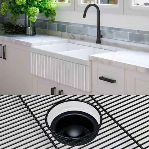 Fossil Blu 33-Inch SOLID Fireclay Farmhouse Sink in White, Matte Black Accessories, Fluted Front - 33 x 20 x 10