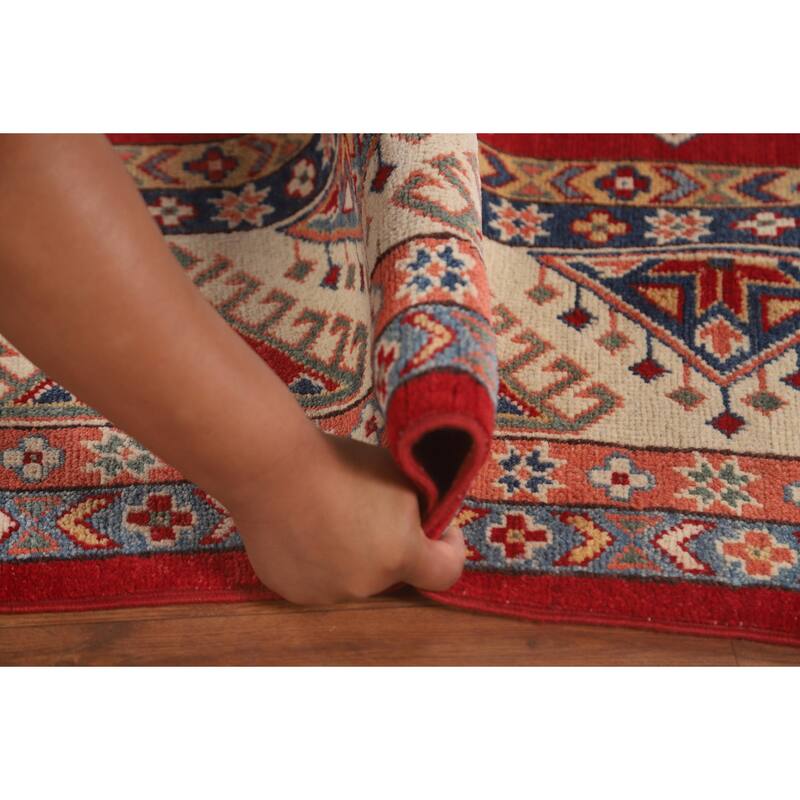 Geometric Kazak Area Rug Hand-Knotted Red Wool Carpet - 6'5" x 9'10"