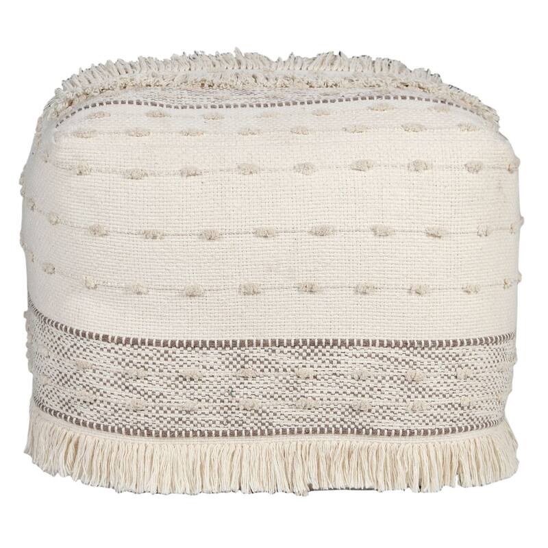 18" Beige and Brown Shag Textured Handcrafted Square Pouf Ottoman