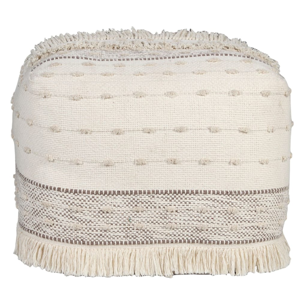 18" Beige and Brown Shag Textured Handcrafted Square Pouf Ottoman