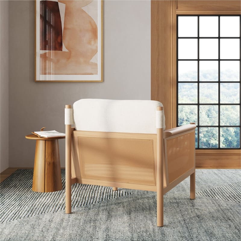 Hemming Upholstered Armchair, Solid Wood Accent Chair with Boucle Upholstery and Faux Rattan Arm Inlay