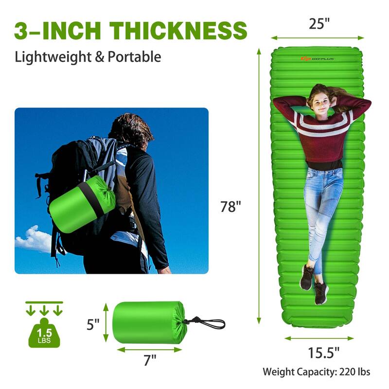 3'' Inflatable Camping Sleeping Pad Waterproof Sleeping Mat Blue/Green