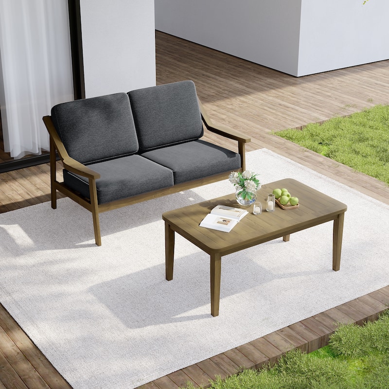 Outdoor Wood Teak Cushioned Patio 2 Seater Loveseat with Coffee Table