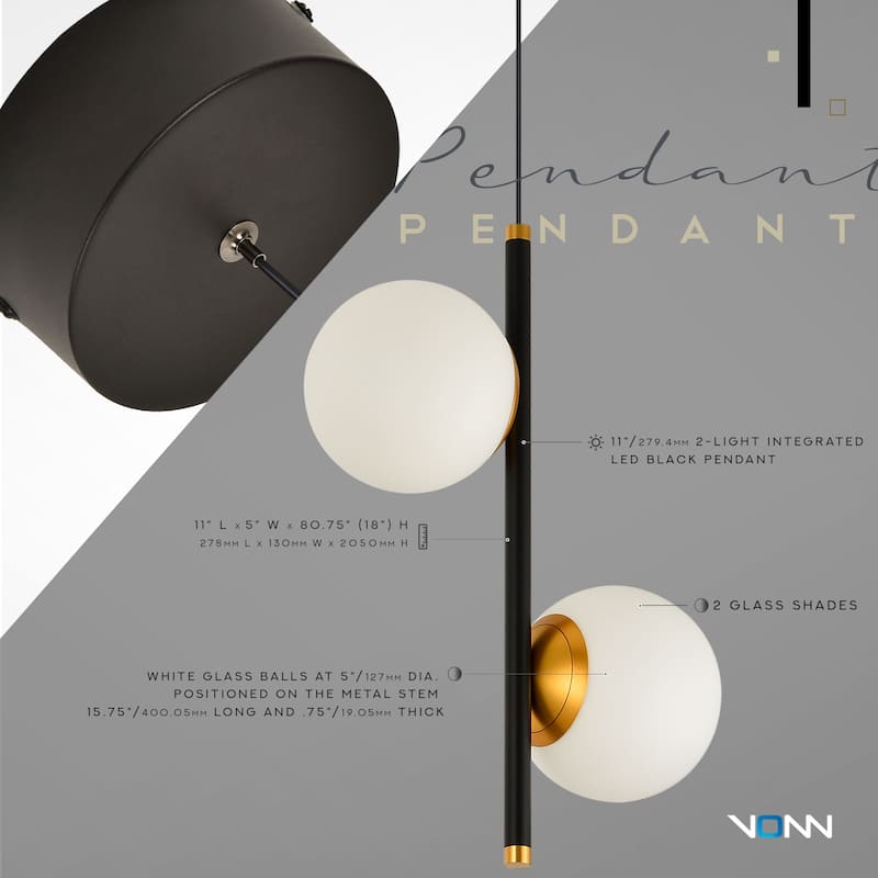 VONN Lighting Capri VCP2202BL 11" 2-Light ETL Certified Integrated LED Black Pendant Light Fixture with Glass Shades