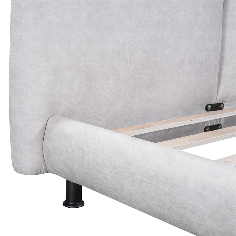 Queen Size Upholstered Platform Bed w/ 2 Large Headrests,Thick Fabric