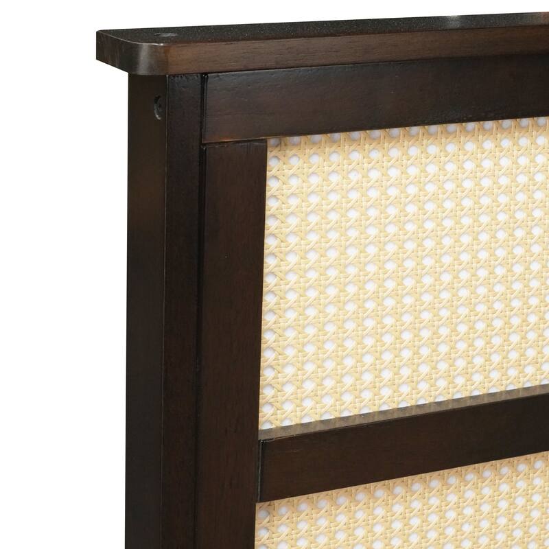 Wood Full Size Bed with Rattan Headboard, Two Storage Drawers