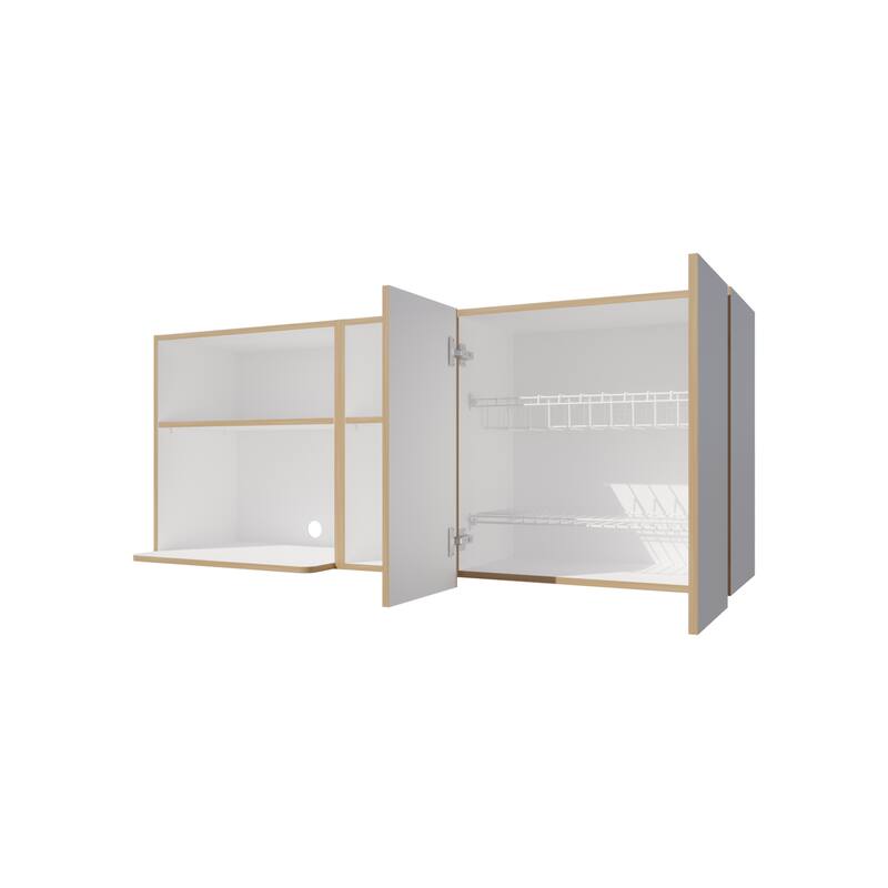 Wall-Mounted Kitchen Cabinet with Microwave Space, Open Shelves, and Double Doors - Natural Oak and White