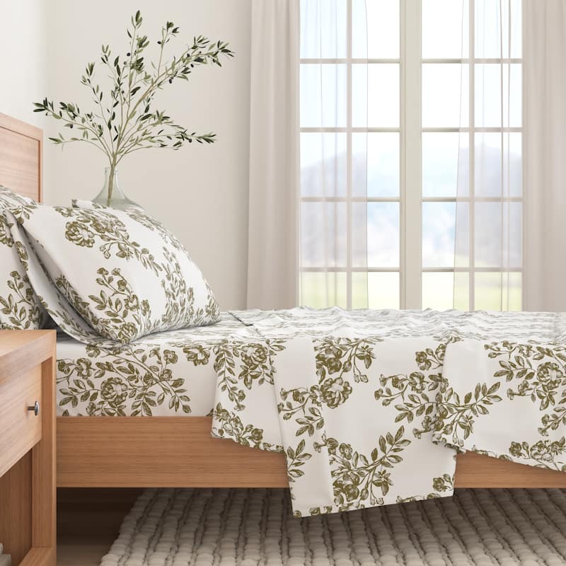 Linery & Co. Turkish Cotton Double-Brushed Printed Flannel Bed Sheet Set - Full - Toile - Olive
