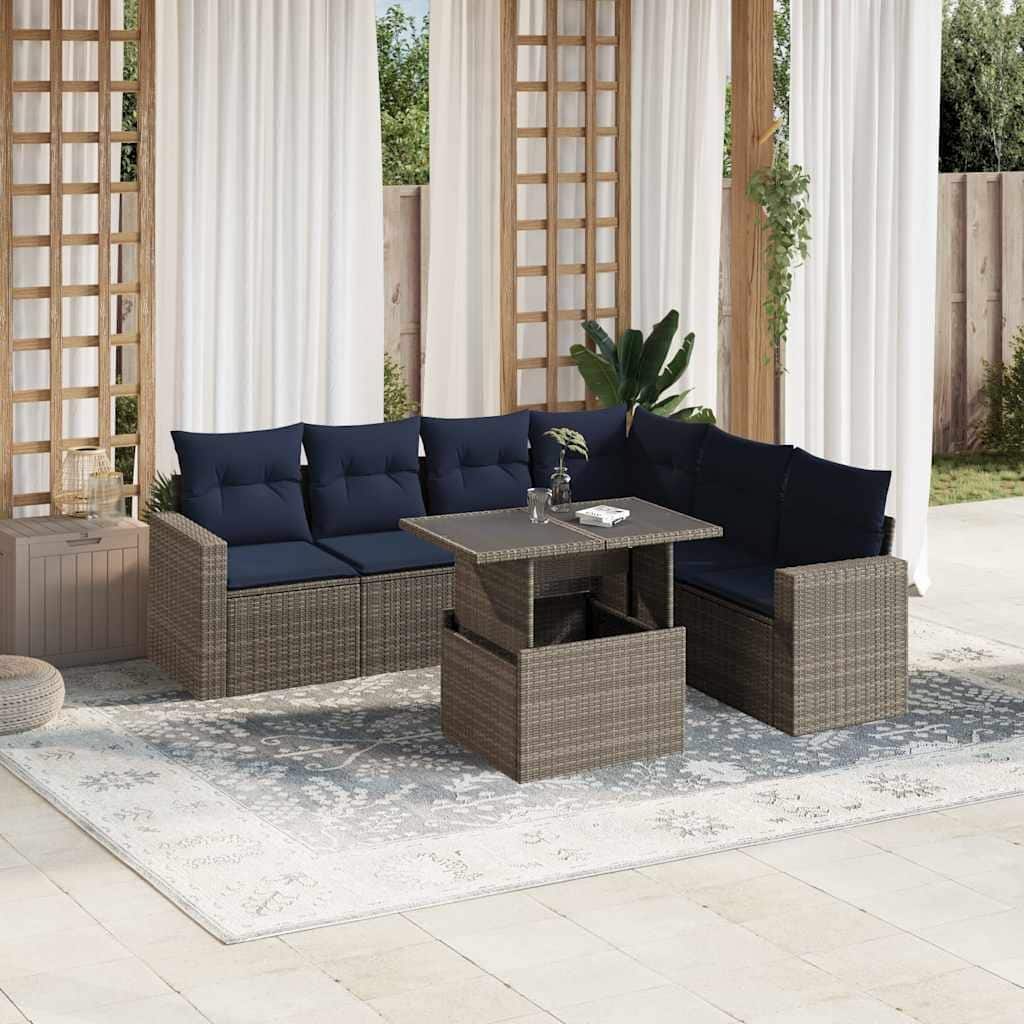 vidaXL 7 Piece Patio Sofa Set with Cushions Black/Brown/Gray Poly Rattan - 24.4 x 24.4 x 27.2