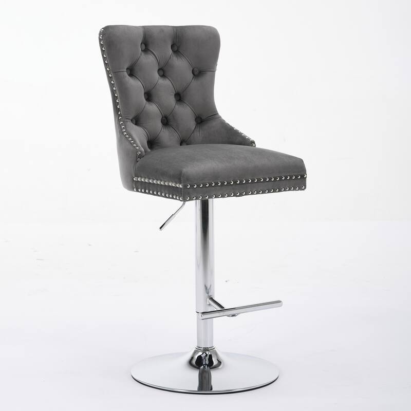 Roomfitters Adjustable Velvet Bar Stools Set of 2, Tufted Swivel Counter Stools with Chrome Base and Diamond Pleating