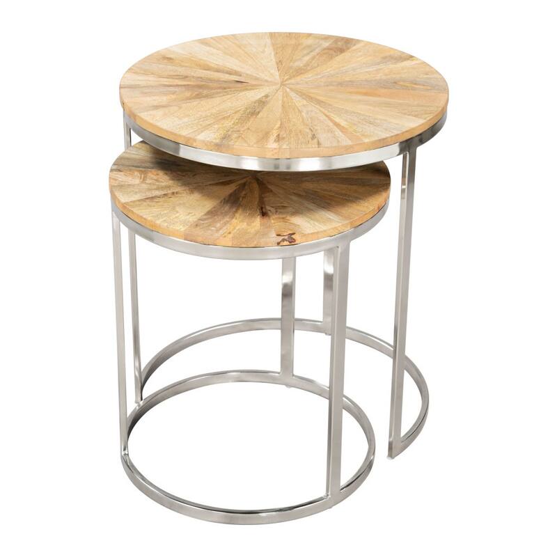 HomeRoots Set of Two Natural And Silver Solid Wood And Iron Round Frame Nested Tables - 18' X '20.5' X '18
