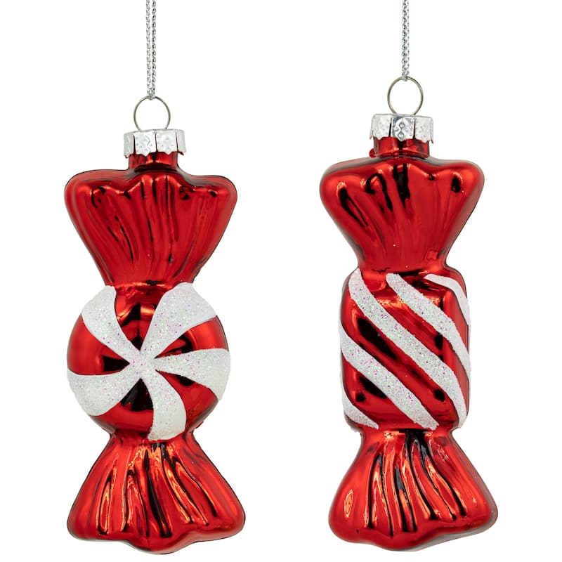 Set of 2 Shiny Red White Glittered Candy Christmas Glass Ornaments 4"