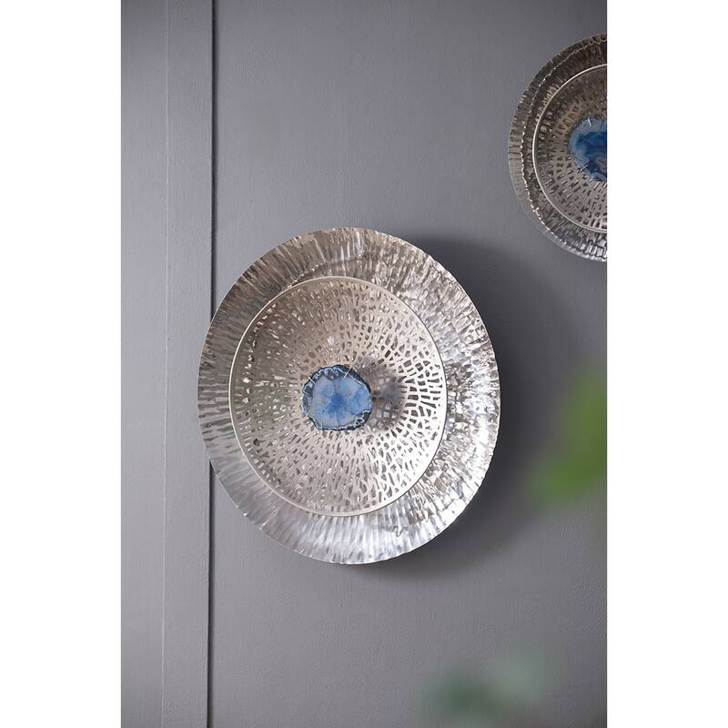 Set of 3, Modern Wall Decor Silver Textured Oversized Disc with Blue Agate, for Living Room Bedrrom Entryway Office
