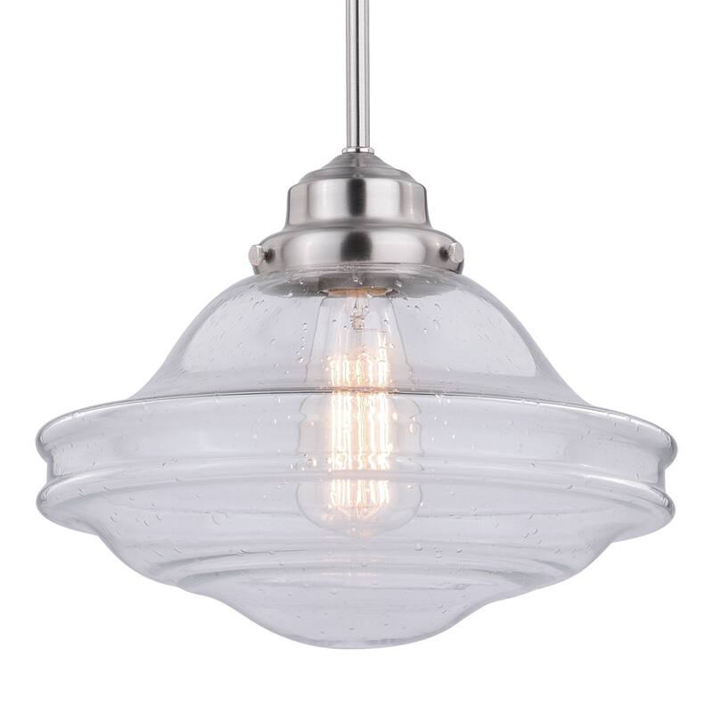 Huntley 1 Light Satin Nickel Farmhouse Schoolhouse Pendant Clear Glass - 12-in W x 14.75-in H x 12-in D