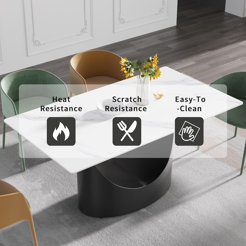 63" Modern Sintered Stone Dining Table,Solid Black Carbon Steel Base