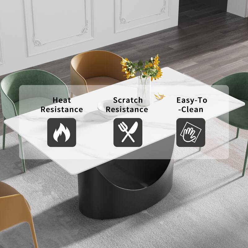 71" White Marble Dining Table for 6-8,Rectangular Tabletop and Triangular Carbon Steel Legs