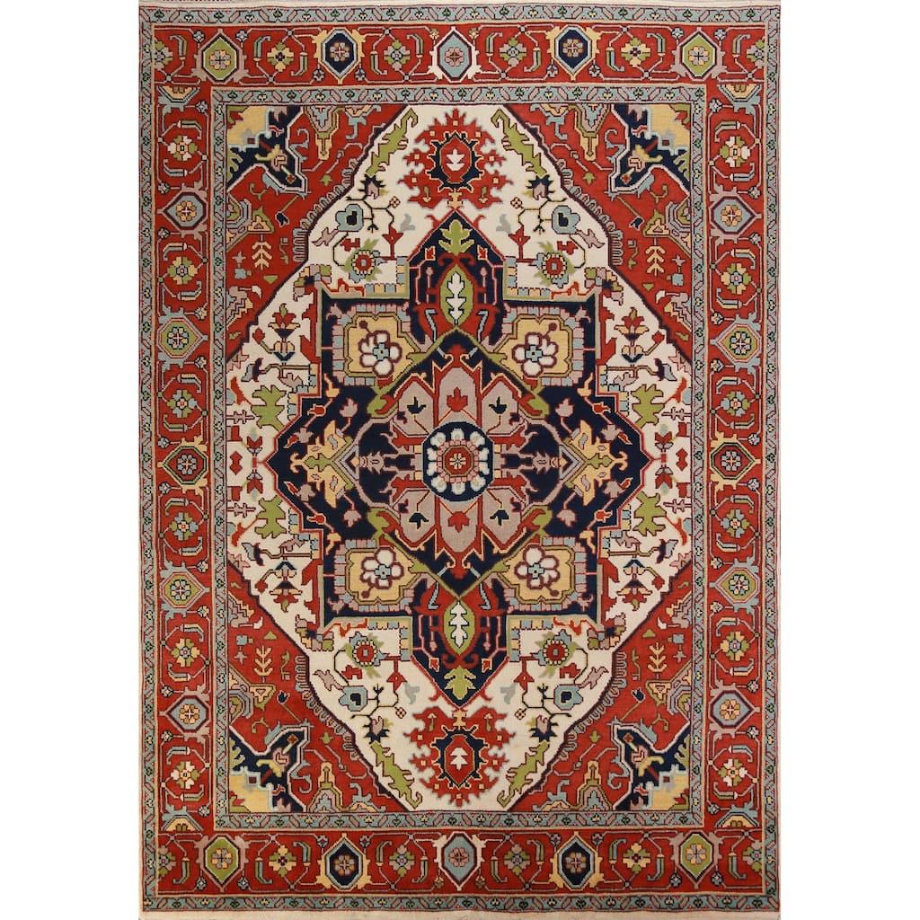Medallion Ivory Oushak Oriental Area Rug Handmade Wool Carpet - 8'10" x 11'10"