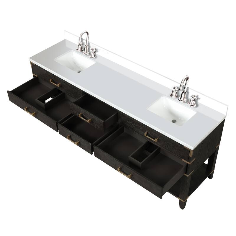 Norwalk 60 in W x 22 in D Black Oak Double Bath Vanity, Cultured Marble Top, Faucet Set, and 28 in Mirrors