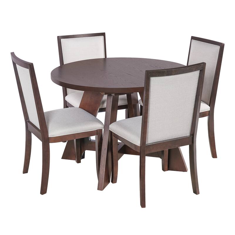 Farmhouse Round Extendable Dining Table Set for 4: 5-Piece Kitchen Table with Removable Leaf & 4 Upholstered Chairs