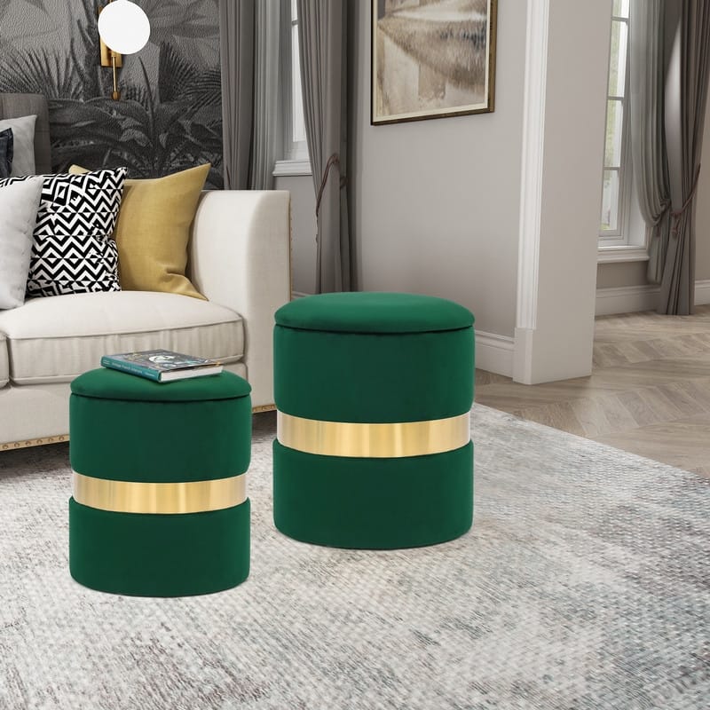 Adeco Set of 2 Velvet Storage Ottoman Round Foot Stool Metal Band