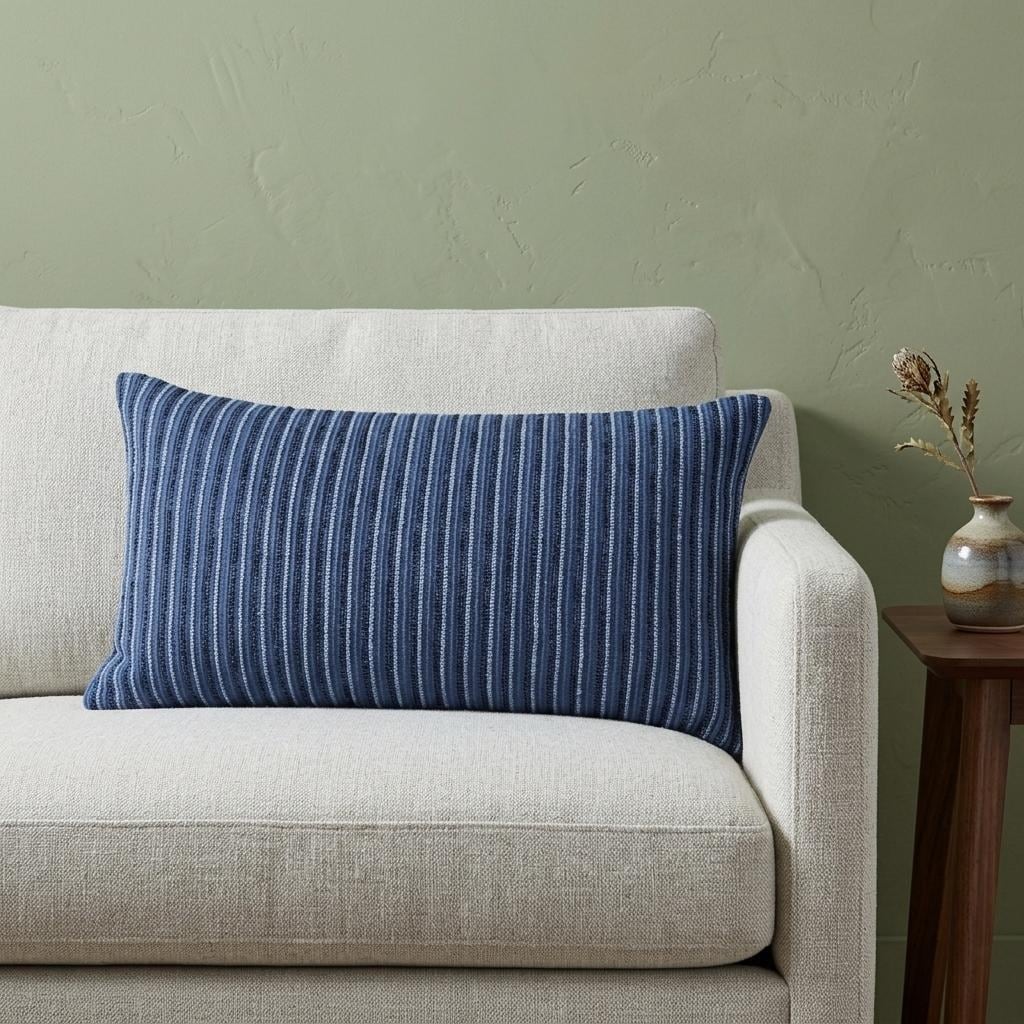 HomeRoots 14" X 26" Blue Lumbar Striped Cotton Blend Throw Pillow