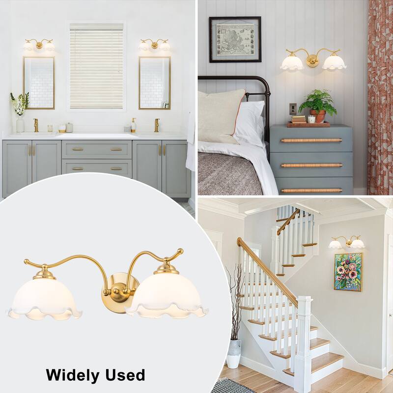 2-Light Gold Metal Wall Sconce with Flower Milky White Glass Shades