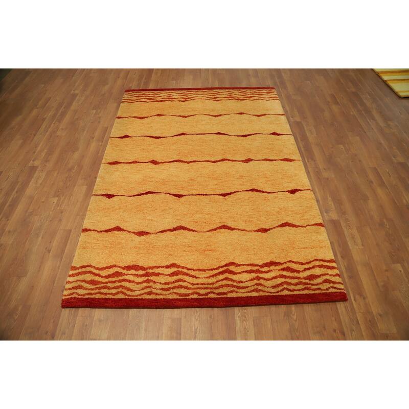 Hand Knotted Oriental 100% Wool Carpet Modern Modern Yellow & Gold Gabbeh Area Rug - 6' 8'' X 4' 8''