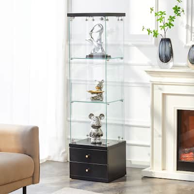 Classic Glass Display Case: 0.2" Tempered Panels with Soft-Close Drawers & Customizable Shelving.