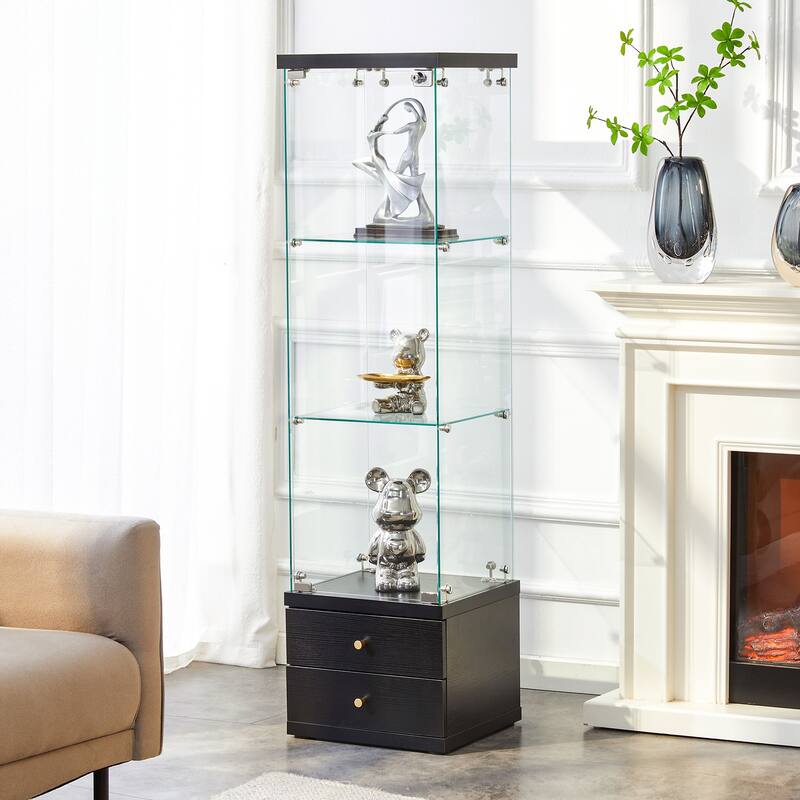 Roomfitters Glass Display Cabinet with 3 Adjustable Shelves and Soft-Close Drawers, Ideal for Storage, Black