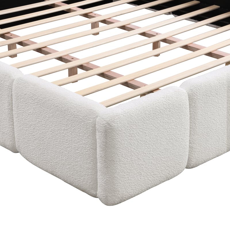 Block Bread-shape Grounded Bed Boucle Upholstery Platform Bed