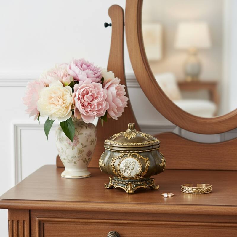 9" Bronze Gold And White Resin Floral Scroll Jewelry Box With Lacquer and High-Gloss Finishes - Gold/White/Bronze