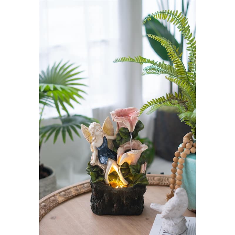 Decorative 3 Tier Tabletop Water Fountain with Fairy and LED Light